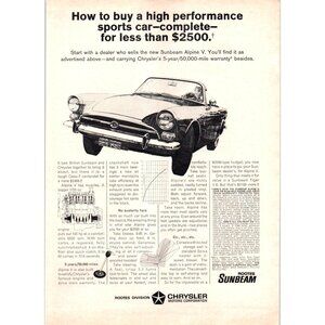 1966 Sunbeam Rootes Alpine V Convertible Roadster Vintage Print Ad 60s Wall Art